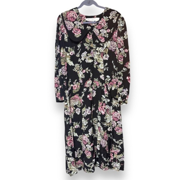Vintage 80s Kathryn Deene Black Floral Collared Midi Dress Women’s Plus Size 18 - Picture 1 of 15
